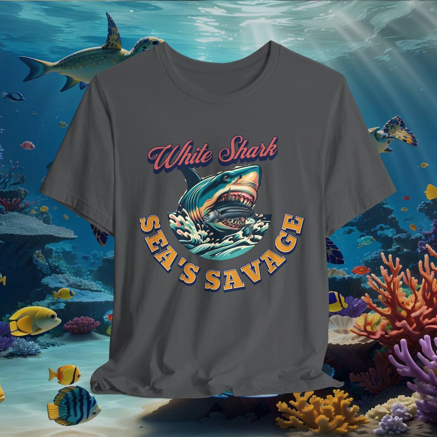 Printify T-Shirt Asphalt / XS White Shark Sea's Savage T-Shirt | Shark Eating Fish Graphic | Ocean Lover Gift Tee