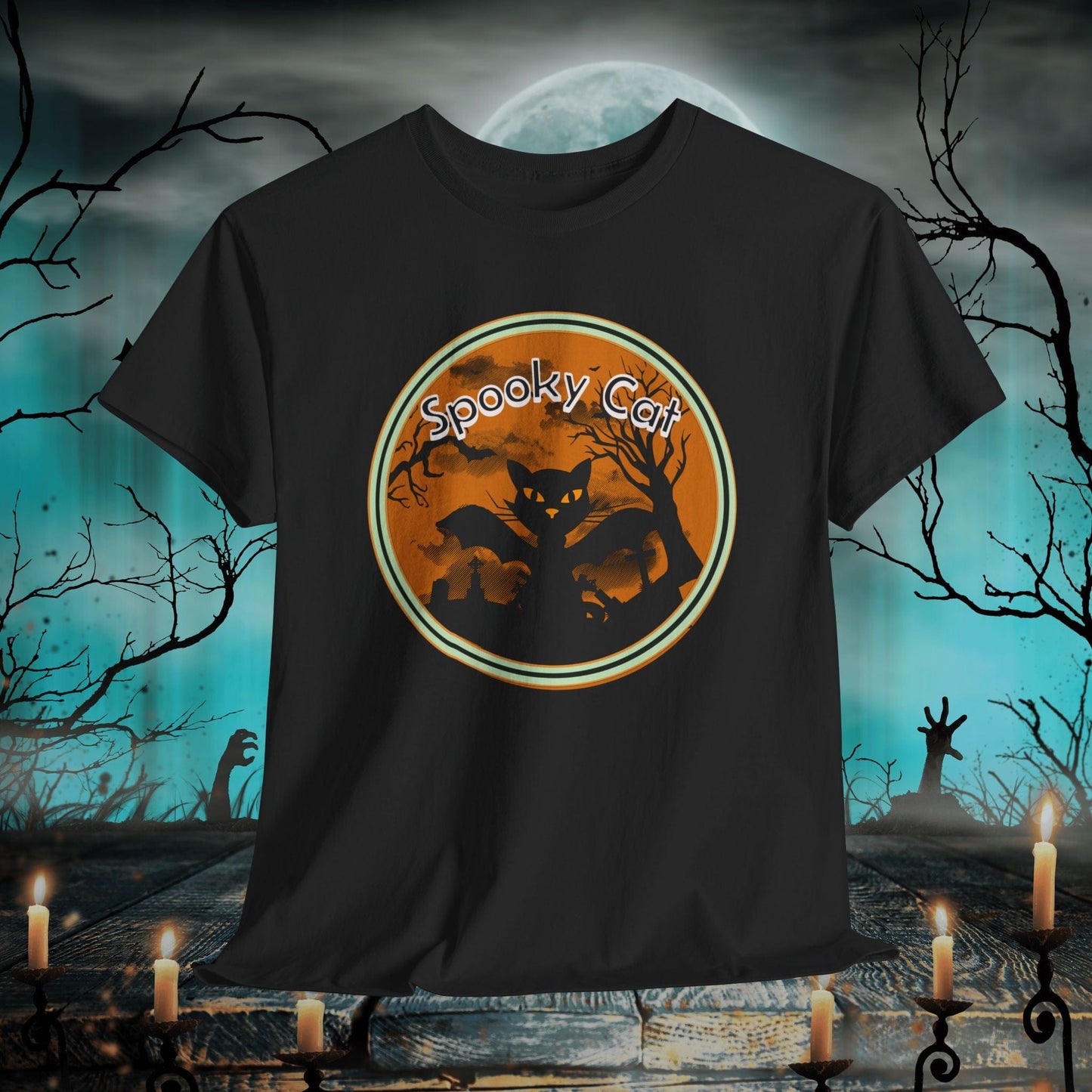 Printify T-Shirt Black / S Spooky Cat Halloween T-Shirt | Gift for Him & Her | Festive Graphic Tee