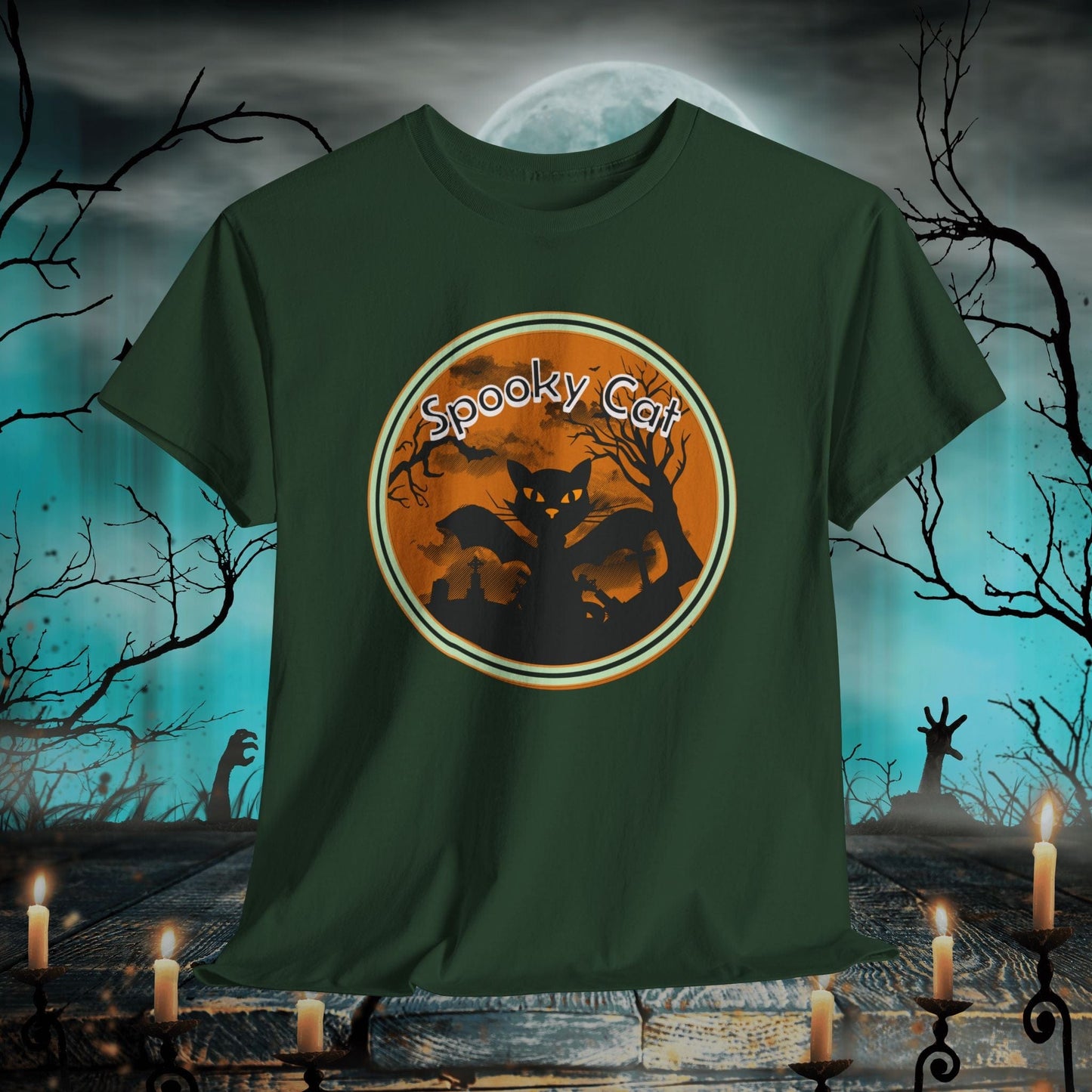 Printify T-Shirt Forest Green / S Spooky Cat Halloween T-Shirt | Gift for Him & Her | Festive Graphic Tee