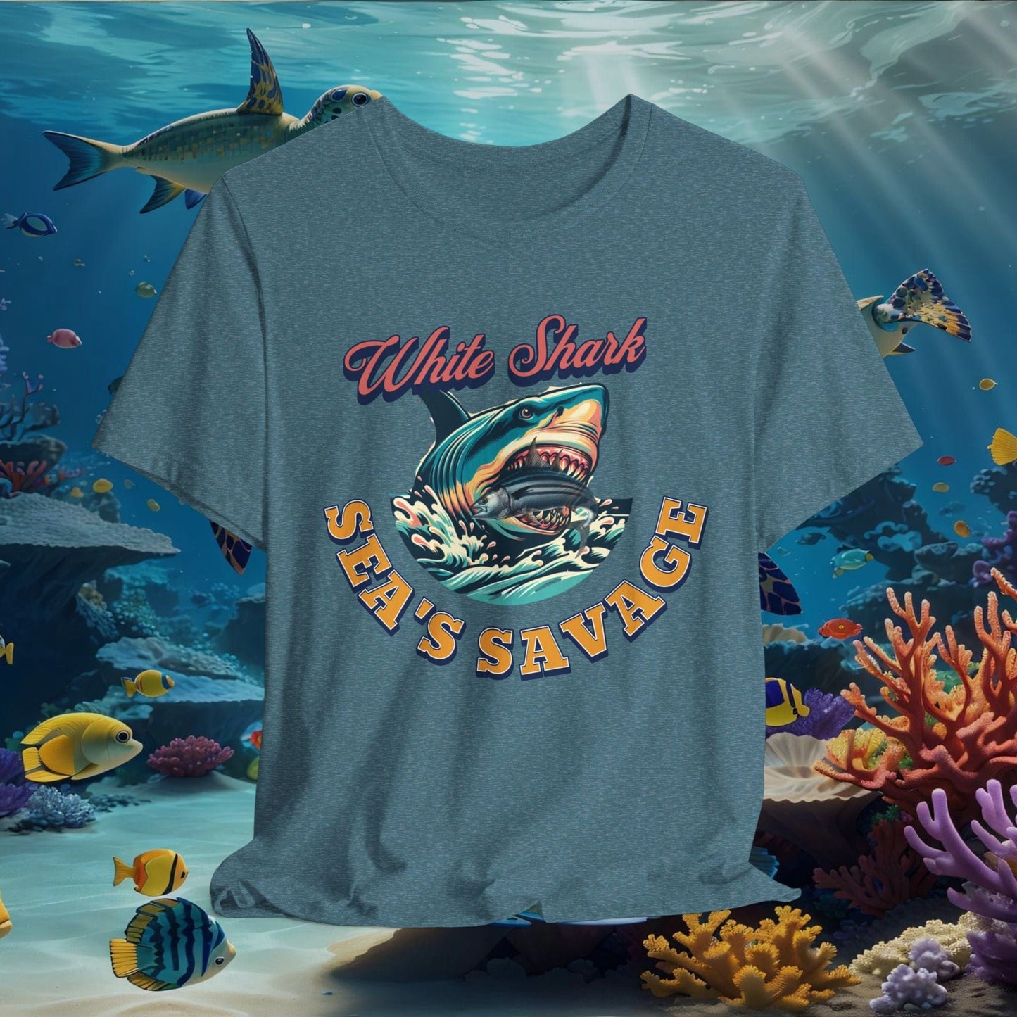 Printify T-Shirt Heather Deep Teal / XS White Shark Sea's Savage T-Shirt | Shark Eating Fish Graphic | Ocean Lover Gift Tee