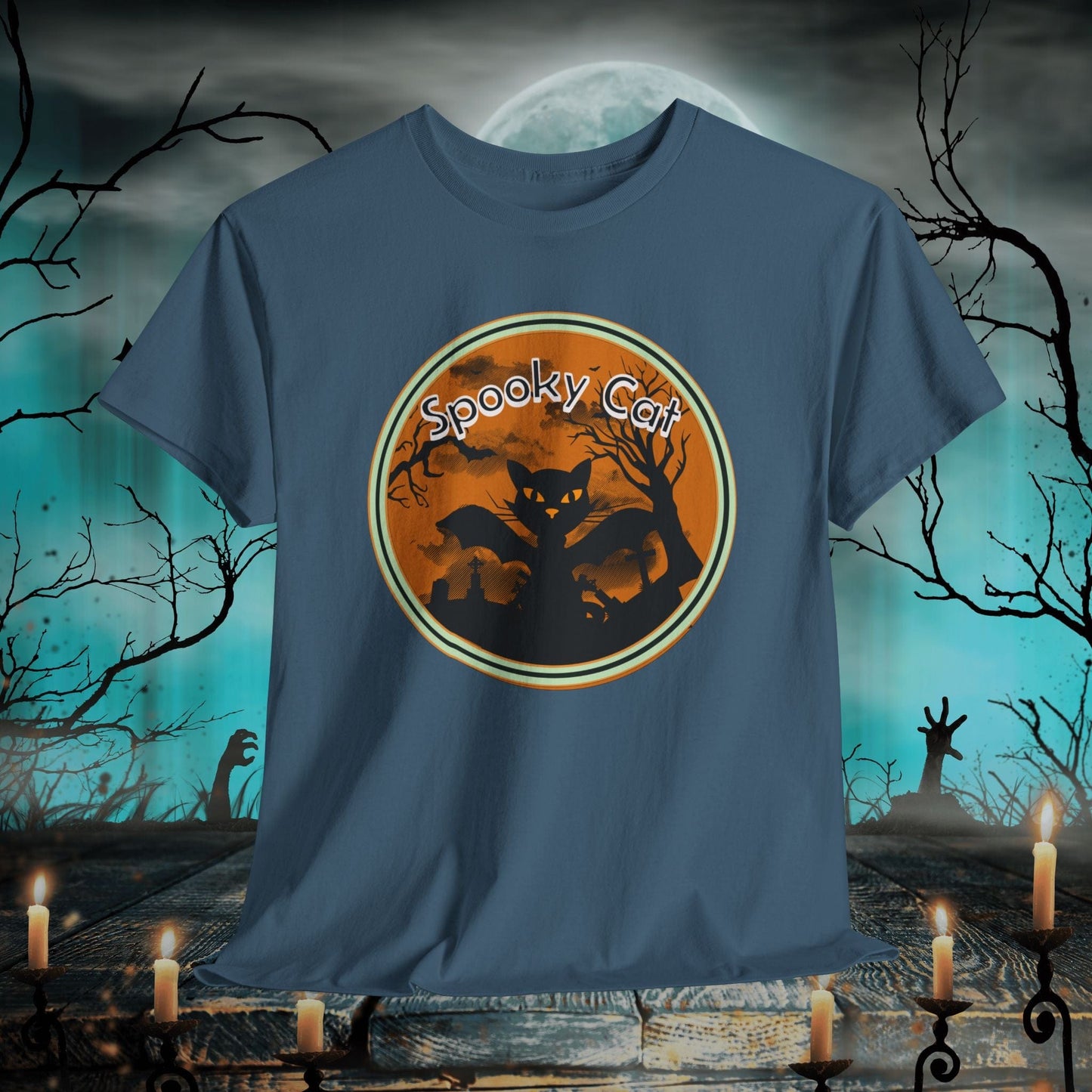 Printify T-Shirt Indigo Blue / S Spooky Cat Halloween T-Shirt | Gift for Him & Her | Festive Graphic Tee