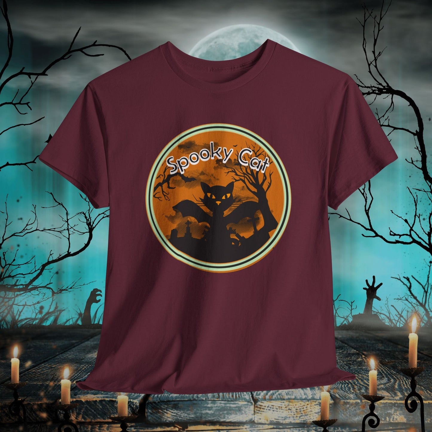 Printify T-Shirt Maroon / S Spooky Cat Halloween T-Shirt | Gift for Him & Her | Festive Graphic Tee