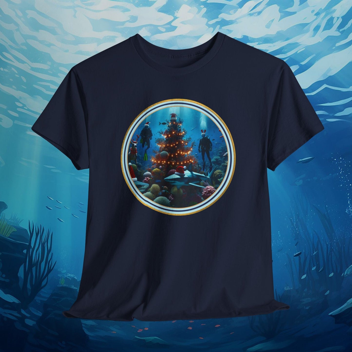 Printify T-Shirt Navy / S Underwater Christmas T-Shirt, Festive Ocean Tee, Holiday Undersea Unisex Shirt, Xmas Diving Apparel, Marine Life T-Shirt