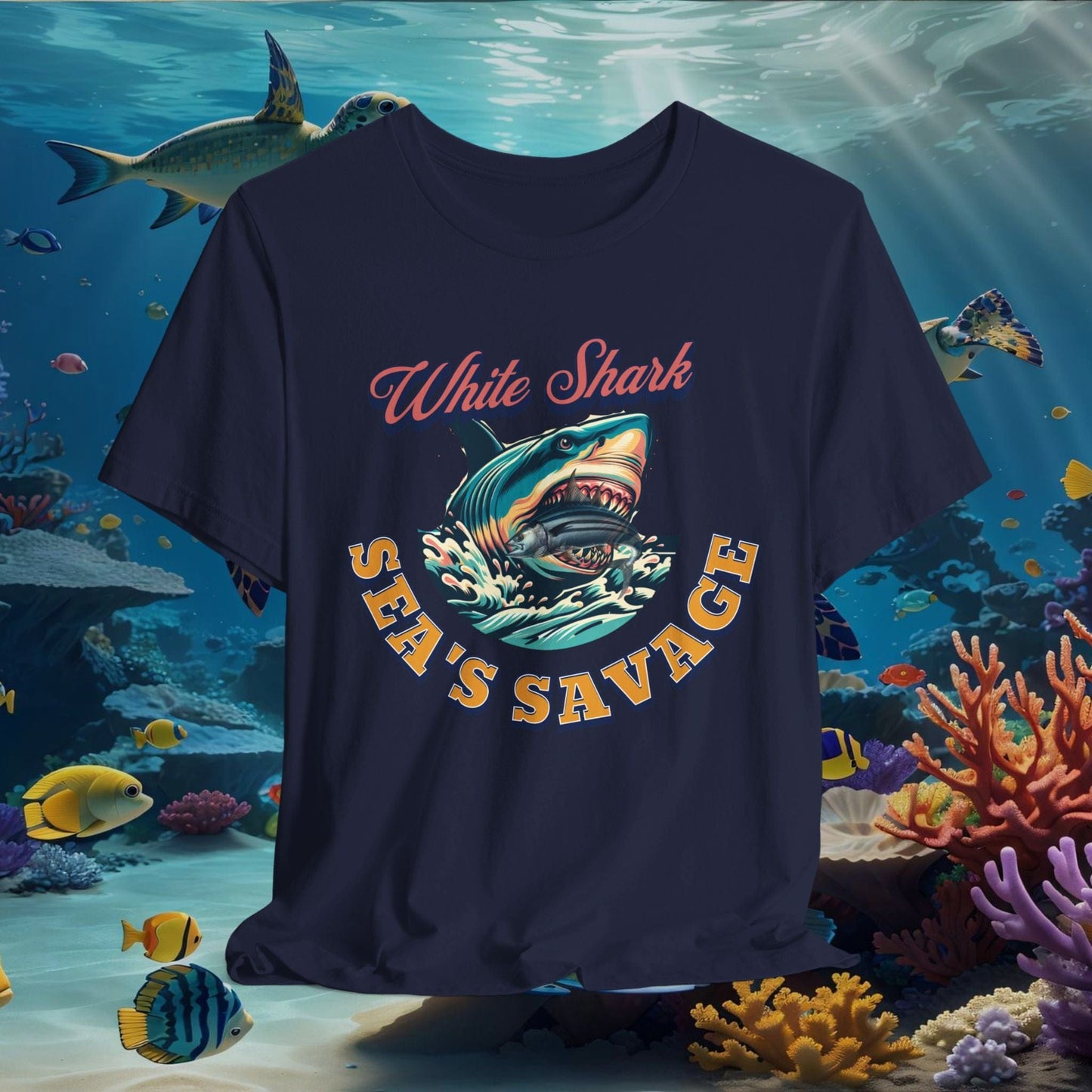 Printify T-Shirt Navy / XS White Shark Sea's Savage T-Shirt | Shark Eating Fish Graphic | Ocean Lover Gift Tee