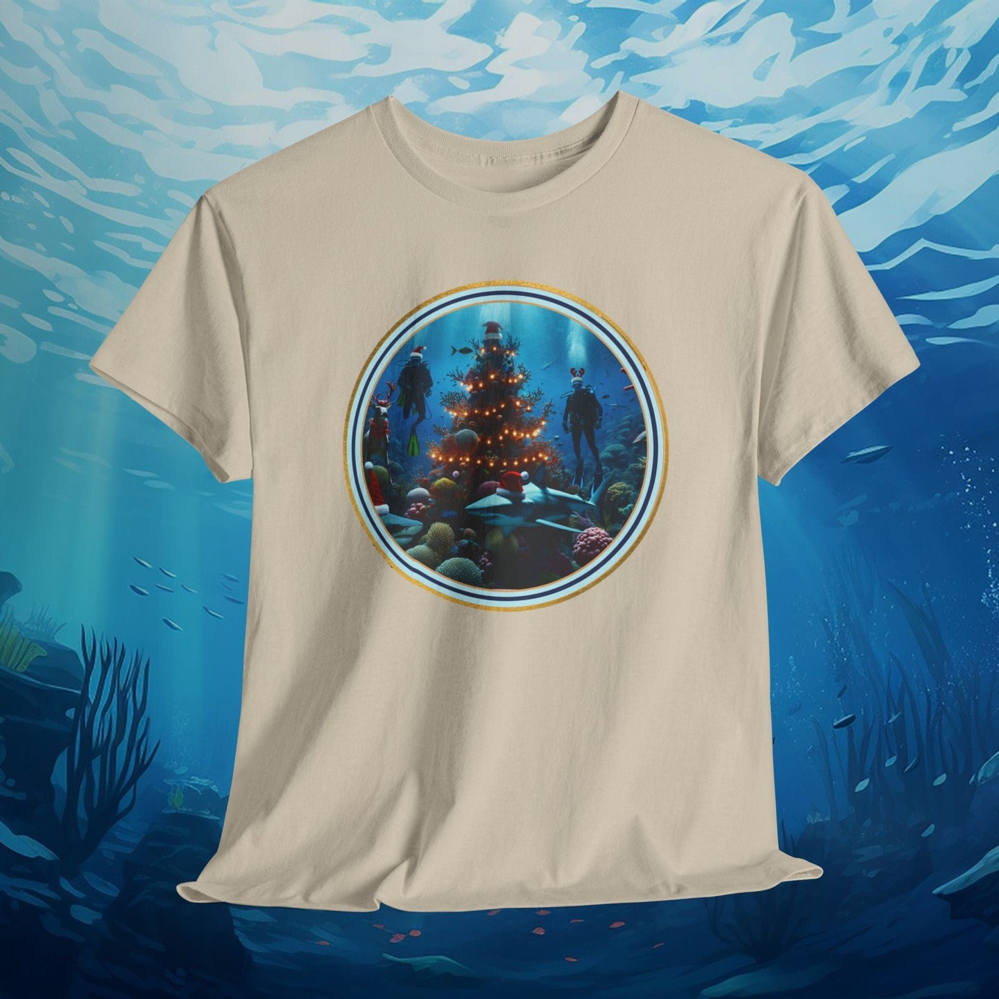 Printify T-Shirt Sand / S Underwater Christmas T-Shirt, Festive Ocean Tee, Holiday Undersea Unisex Shirt, Xmas Diving Apparel, Marine Life T-Shirt