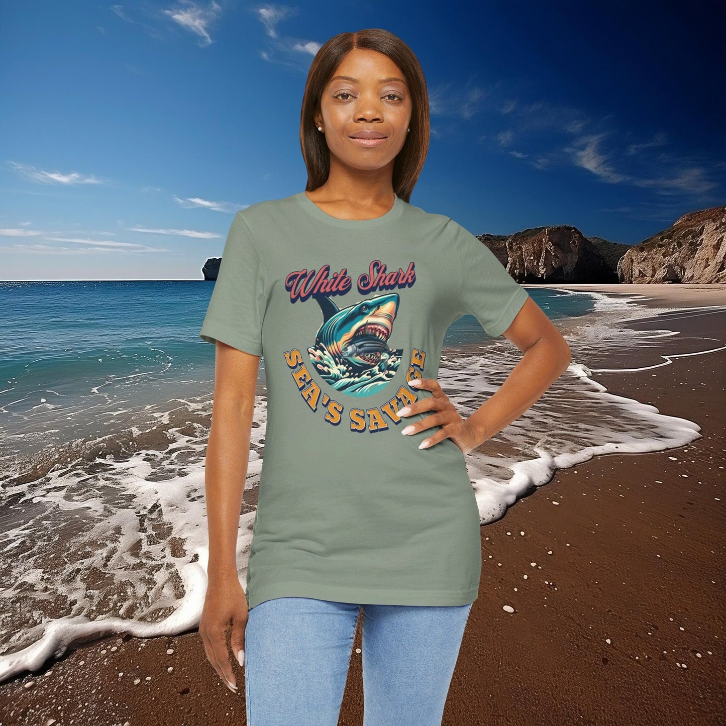 Printify T-Shirt White Shark Sea's Savage T-Shirt | Shark Eating Fish Graphic | Ocean Lover Gift Tee