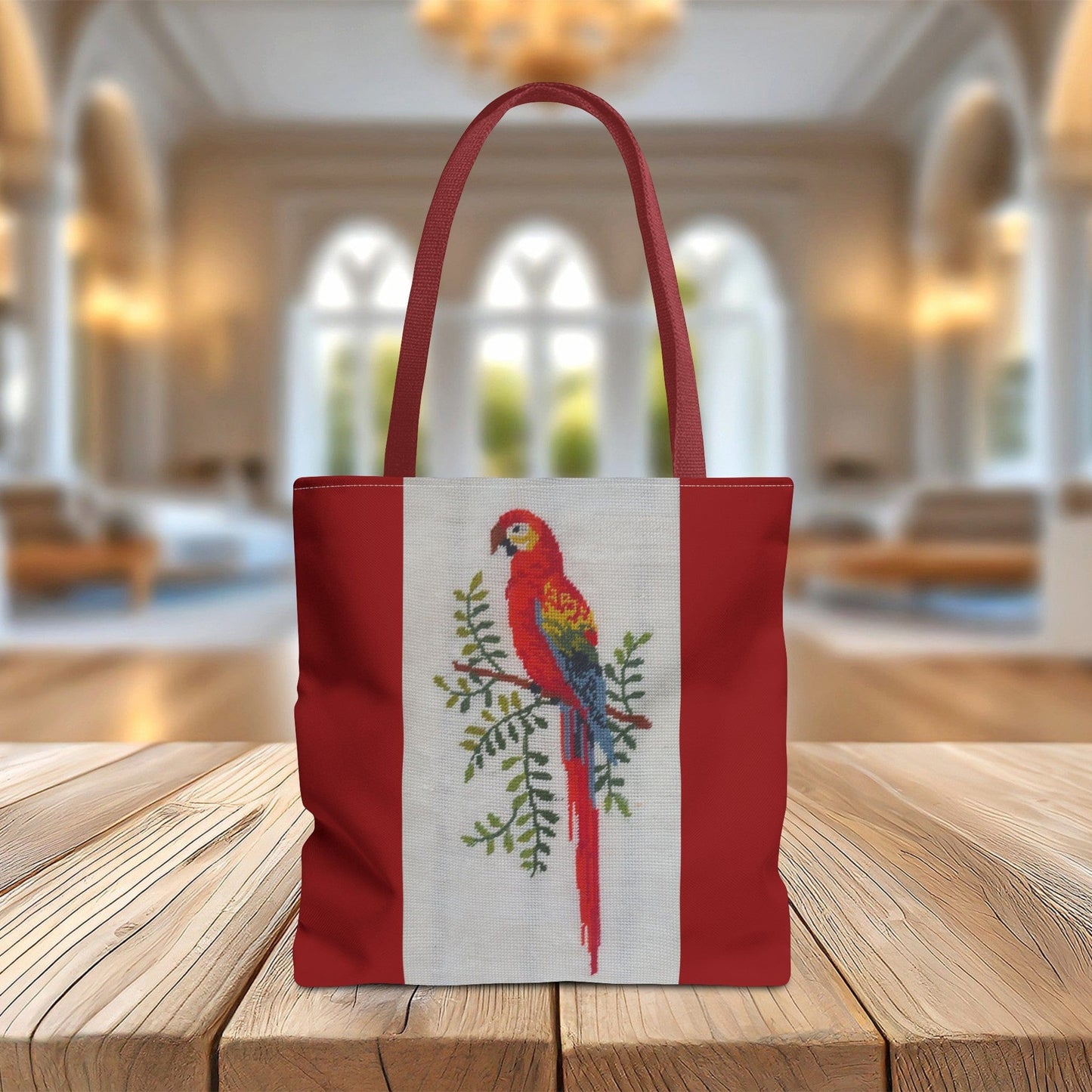 Printify Tote Bags 18" × 18'' / Red Bird Flower Cross Stitch Tote Bag | Digital Art from German Embroidery Chart