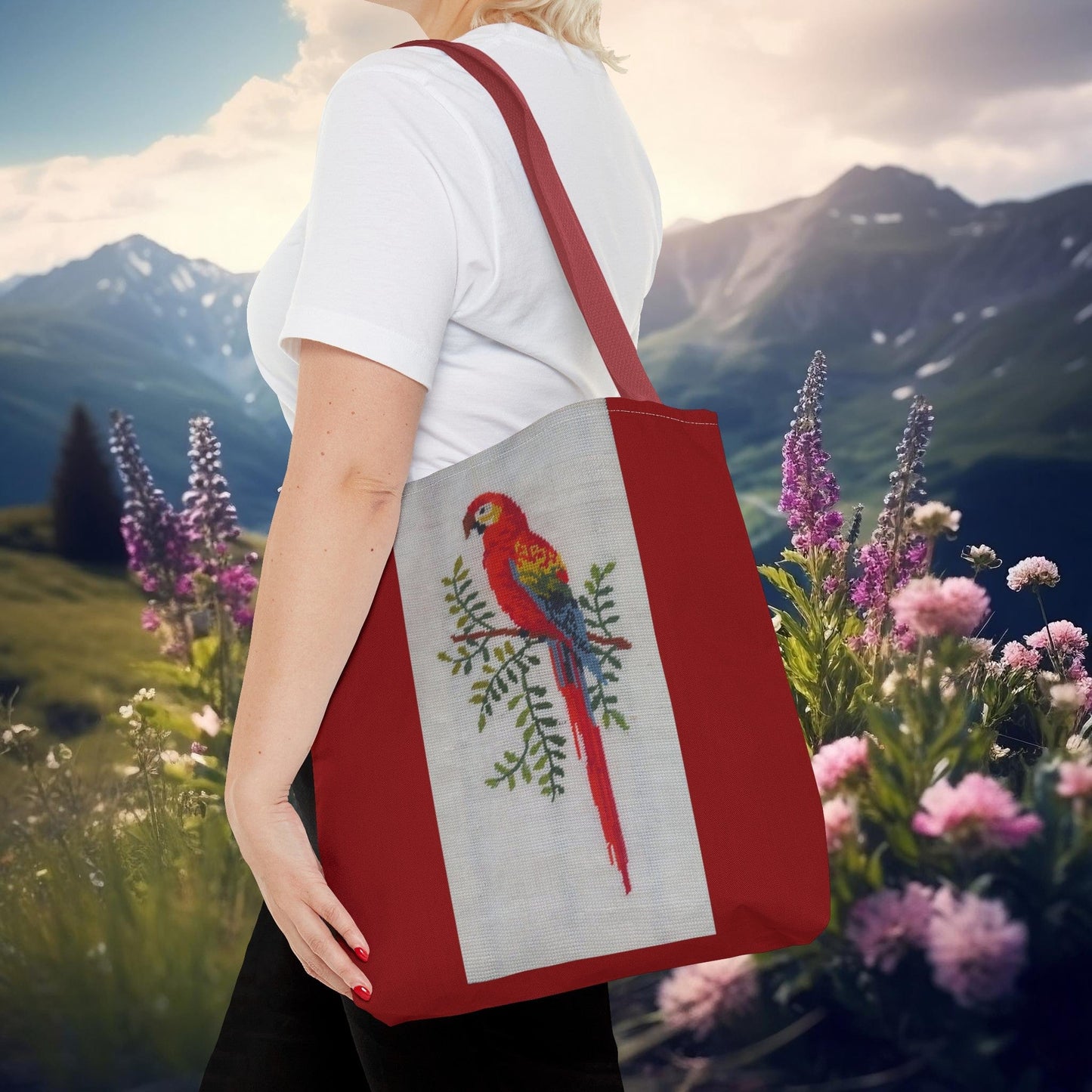 Printify Tote Bags Bird Flower Cross Stitch Tote Bag | Digital Art from German Embroidery Chart