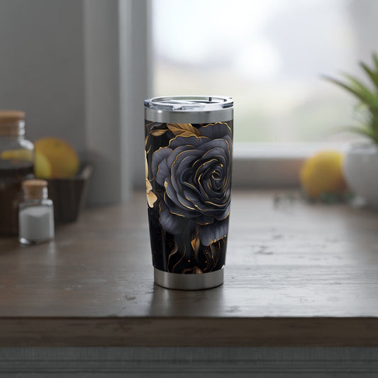 Printify Tumbler Black Rose Stainless Steel Tumbler is Perfect for Road Trips, Ideal Gift for the Wanderer in Your Life.