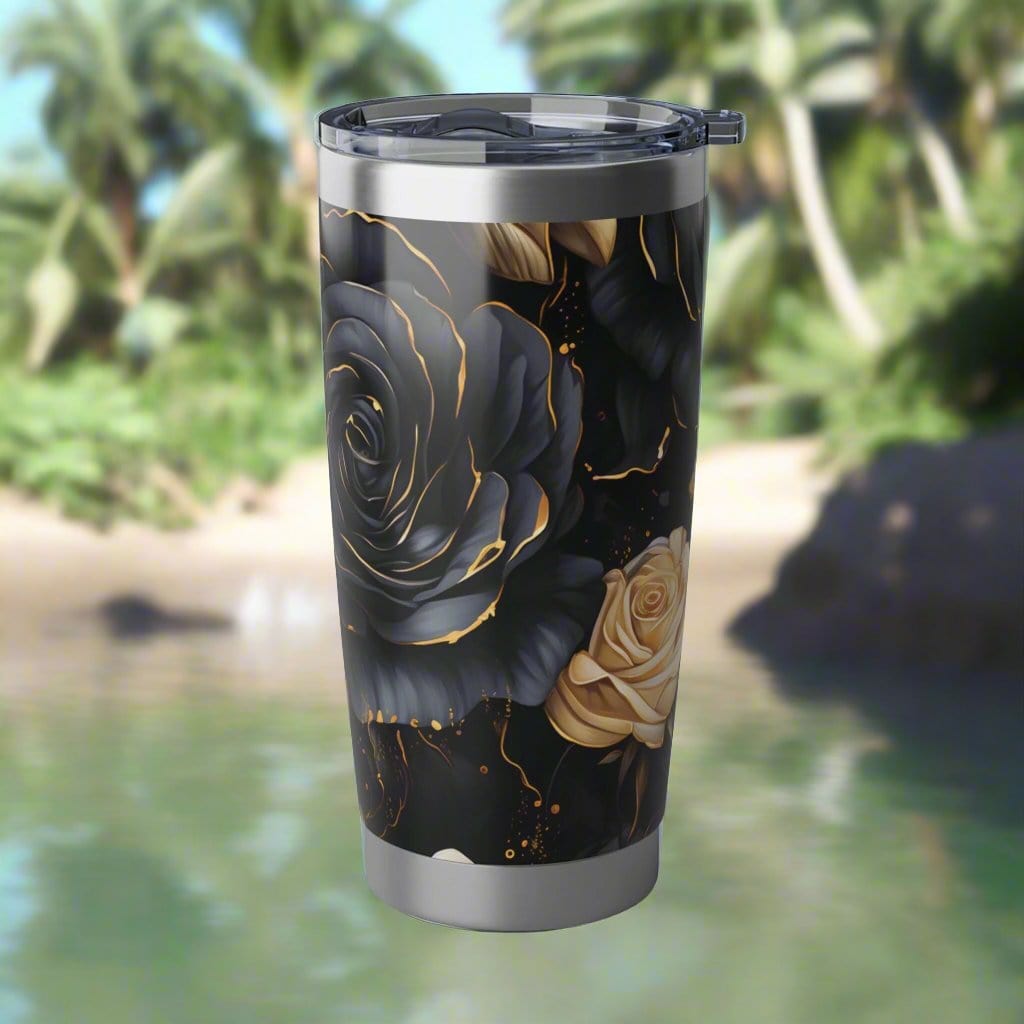 Printify Tumbler Black Rose Stainless Steel Tumbler is Perfect for Road Trips, Ideal Gift for the Wanderer in Your Life.