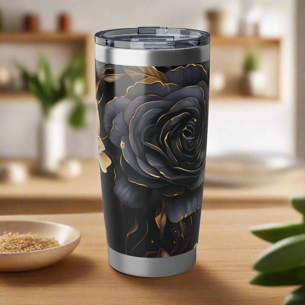 Printify Tumbler Black Rose Stainless Steel Tumbler is Perfect for Road Trips, Ideal Gift for the Wanderer in Your Life.