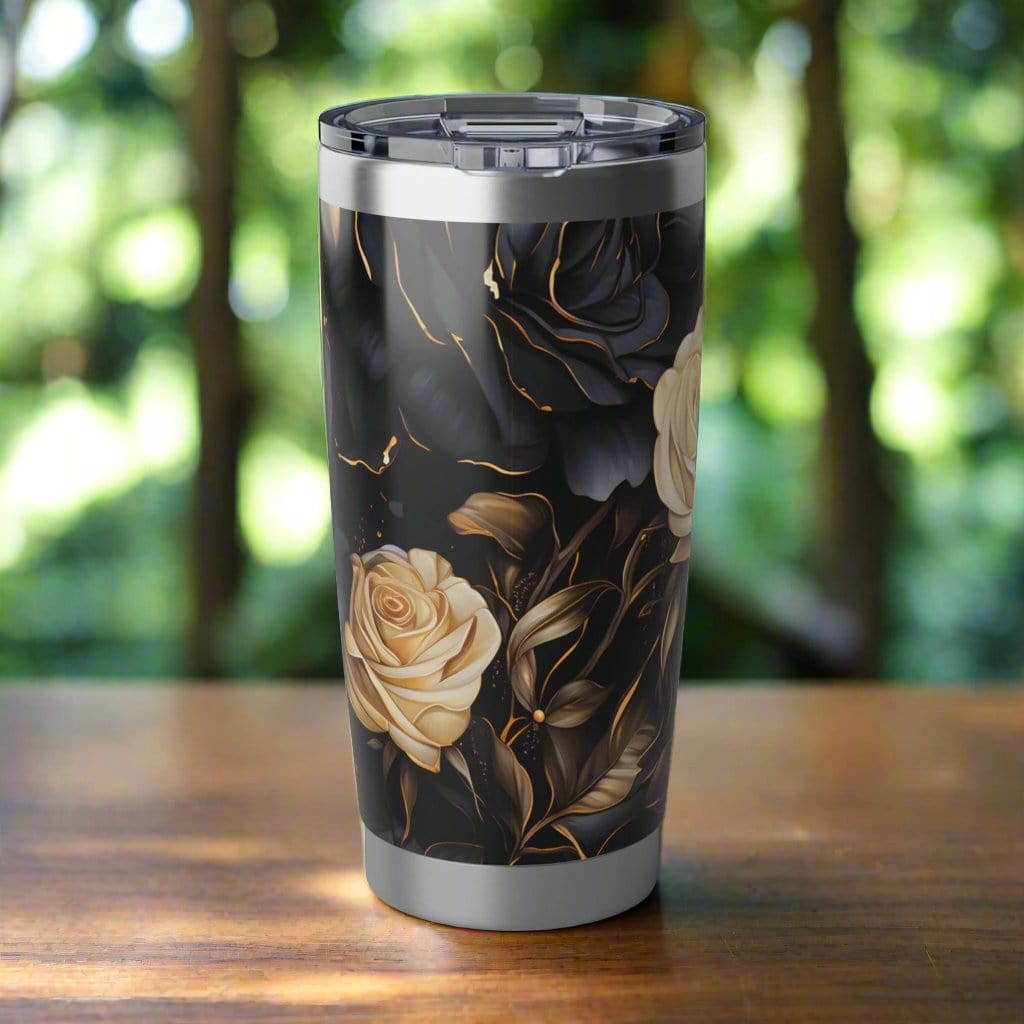 Printify Tumbler Black Rose Stainless Steel Tumbler is Perfect for Road Trips, Ideal Gift for the Wanderer in Your Life.