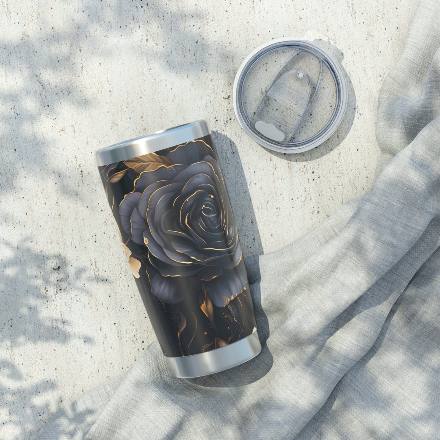 Printify Tumbler Black Rose Stainless Steel Tumbler is Perfect for Road Trips, Ideal Gift for the Wanderer in Your Life.